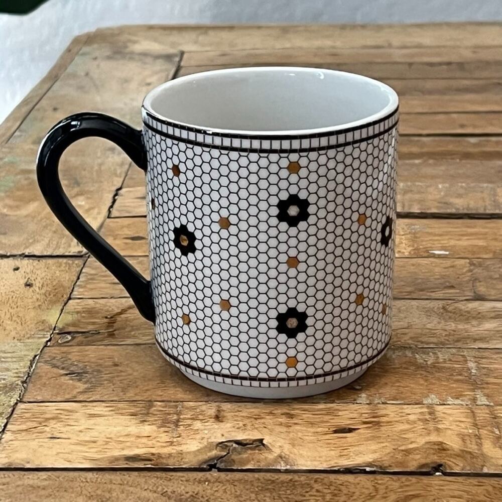 Anthropologie Mug 4" Tall 14 oz Letter T Black Gold Honeycomb Mosaic Tile - Picture 3 of 7